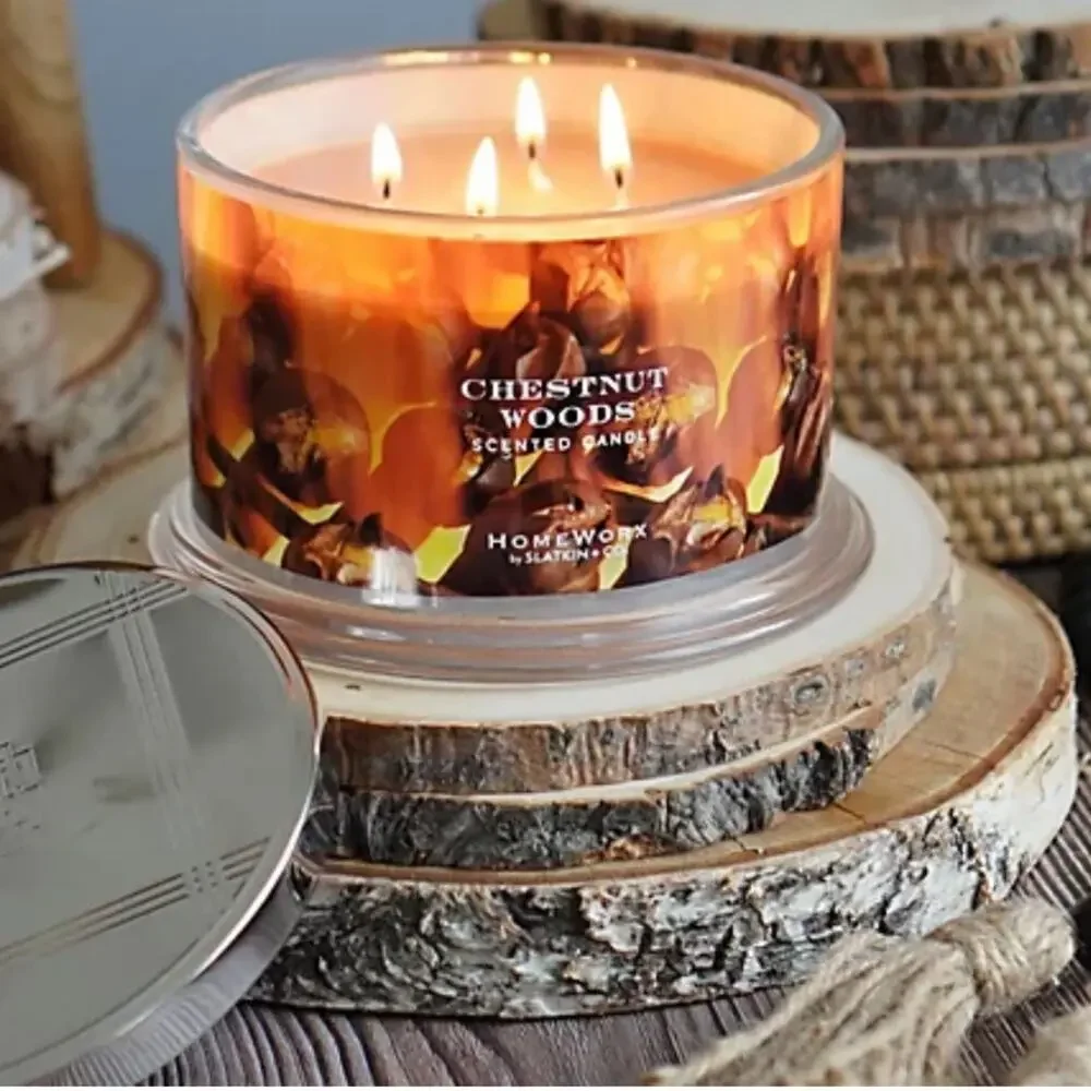 🆕 NEW HomeWorx Chestnut Wood Candle Luxury praline smoked cedar mahogany NIB HTF